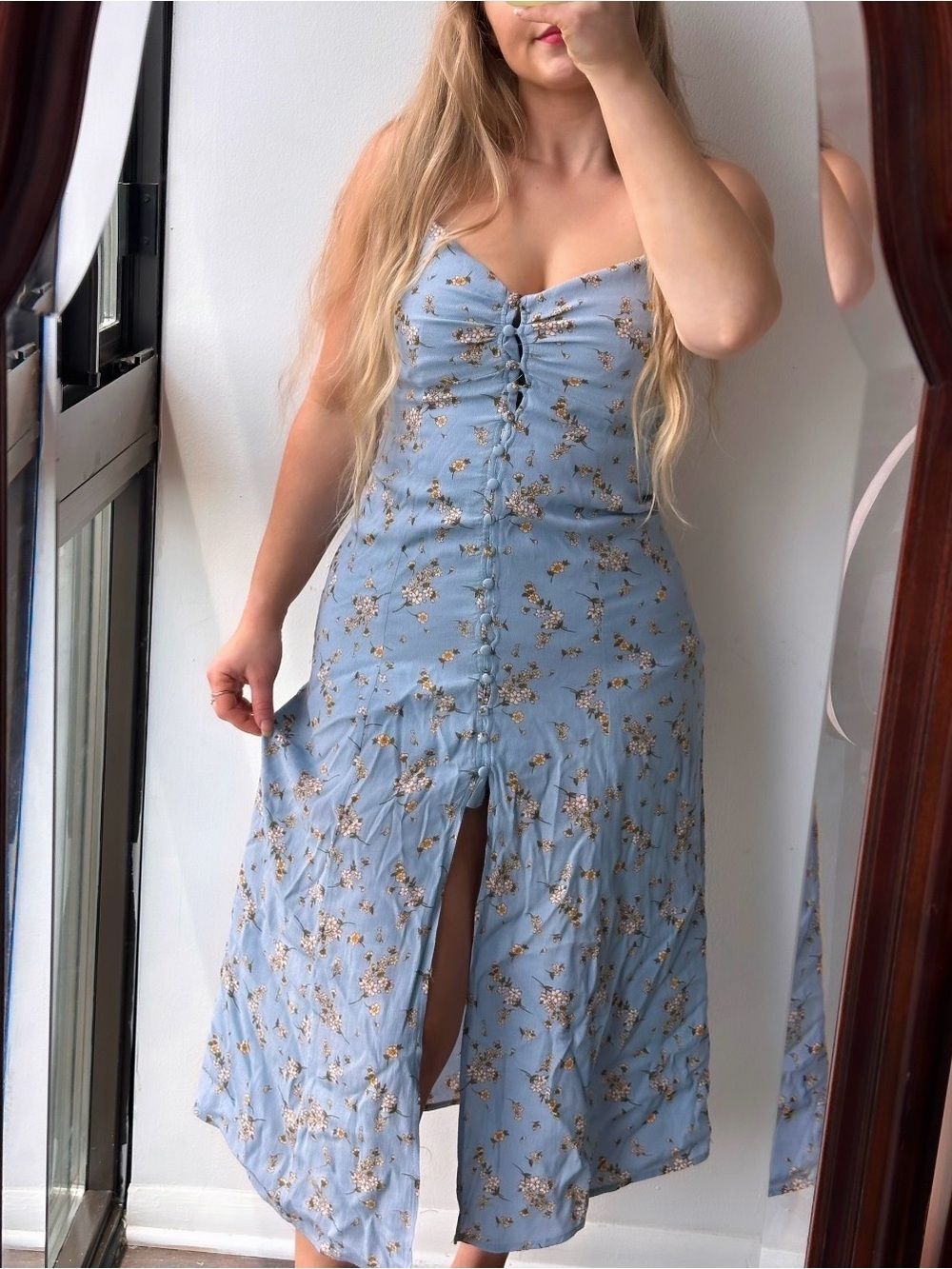 NWOT Blue Floral Button-Front Midi Dress